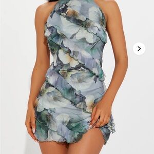 Fashion Nova Floral Ruffle Mini Dress in Blue Green